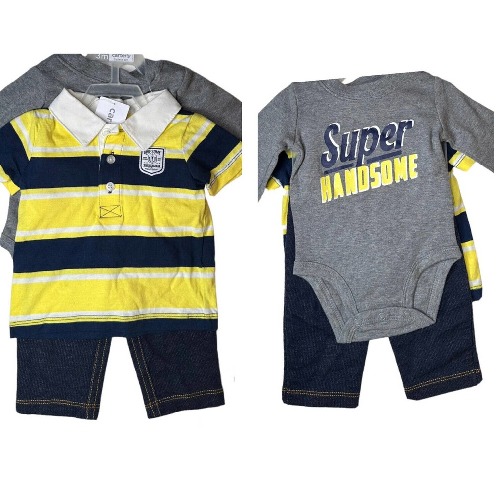 NEW Carters Baby Boys 3 Piece Super Handsome Shirt and Jeans Outfit Sz 3 Months